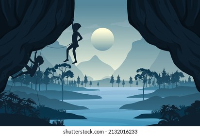 Flat silhouette rock climbing in nature background illustration