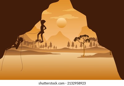 Flat silhouette rock climbing in nature background illustration