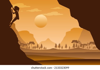 Flat silhouette rock climbing in nature background illustration