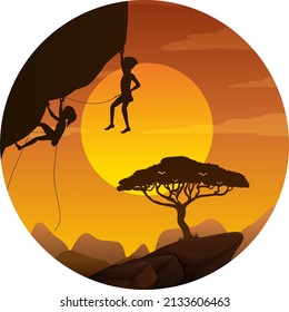Flat silhouette rock climbing in nature background illustration