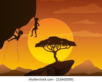 Flat silhouette rock climbing in nature background illustration