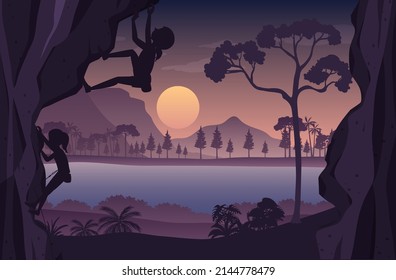 Flat silhouette rock climbing in nature background illustration