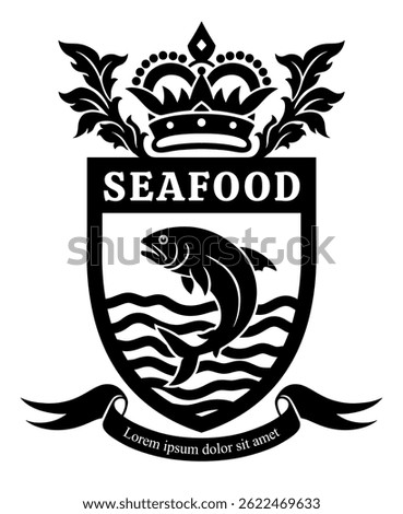 Flat silhouette style heraldic shield with fish and water on the white background. Vector illustration. Can be use as seafood themes. 