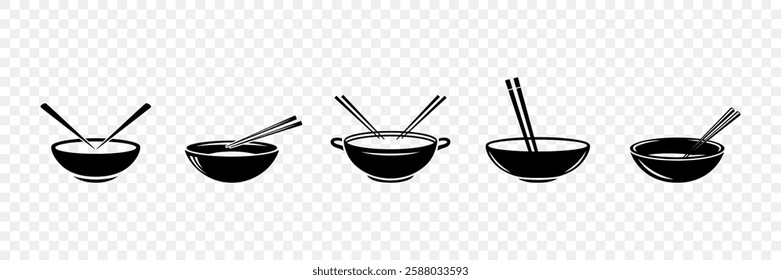 Flat Silhouette Vector Asian Cuisine Illustration Set. Ramen Bowl, Noodle Bowl Icon for Sushi Restaurant Emblem. Asian Food Design Template, Food Symbol