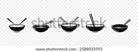 Flat Silhouette Vector Asian Cuisine Illustration Set. Ramen Bowl, Noodle Bowl Icon for Sushi Restaurant Emblem. Asian Food Design Template, Food Symbol