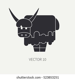 Flat silhouette vector icon with cute animal for baby products - yak. Cartoon style. Childrens doodle. Babyhood. Newborn. Vector illustration and element for your design, wallpaper. Zoo. Kids. Farm.