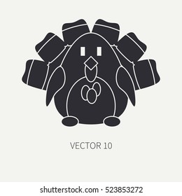 Flat silhouette vector icon with cute animal for baby products - turkey. Cartoon style. Children doodle. Babyhood. Newborn. Vector illustration and element for your design, wallpaper. Zoo. Kids. Farm.