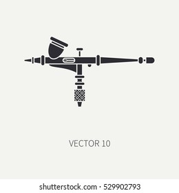 Flat silhouette vector icon of drawing instruments for aerography. Cartoon style. Drawing. Airbrush. Art. Illustration and element for design. Clipart. Air compressor. Industrial. Logo. Paint.