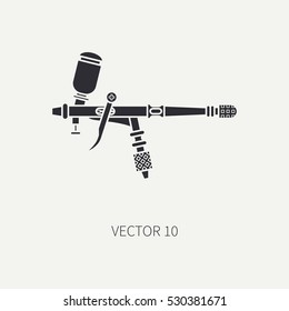 Flat silhouette vector icon of drawing instruments for aerography. Cartoon style. Drawing. Airbrush. Art. Illustration and element for design. Clipart. Air compressor. Industrial. Logo. Paint.