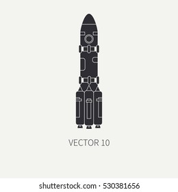 Flat silhouette vector icon element of aerospace program multistage rocket. Cartoon style. Astronautics. Illustration and element for design. Space investigations. Galaxy. Clipart. Technology. Logo.