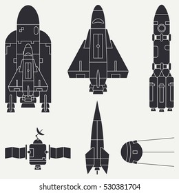 Flat silhouette vector icon set elements of aerospace program - rocket, satellites, space shuttle. Cartoon style. Astronautics. Illustration, element for design. Collection. Space. Galaxy. Logo.