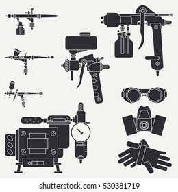 Flat silhouette vector icons set of drawing instruments for aerography. Cartoon style. Drawing. Airbrush. Art. Illustration and element for design. Collection. Industrial. Air compressor. Logo. Paint.