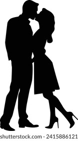 Flat silhouette of a vintage young couple kissing vector illustration for love romance relationship decoration