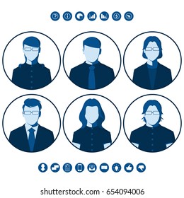 Flat silhouettes of business people for user profile picture. Round icons with male and female portraits. Set of vector avatars.