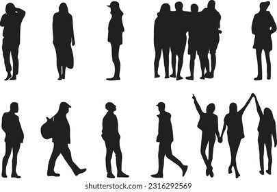 Flat silhouettes of people with transparent background for architectural elevations and sections