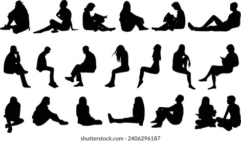 flat silhouettes of sitting people with transparent background, named, organized and editable layers