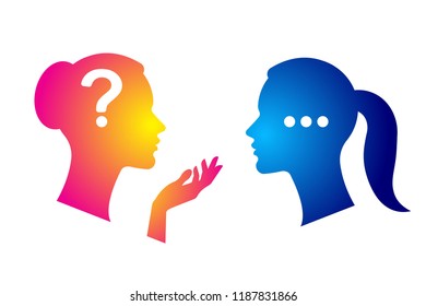 Flat silhouettes of two female faces. Emotional conversation between two women. The concept of relationship between friends or mother with daughter.