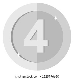 Flat silver coin Four 4. Badge. 4 Points. Vector illustration isolated on white background. Editable elements and glare. Casino game. Rich. EPS 10