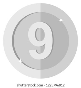 Flat silver coin Nine 9. Badge. 9 Points. Vector illustration isolated on white background. Editable elements and glare. Casino game. Rich. EPS 10