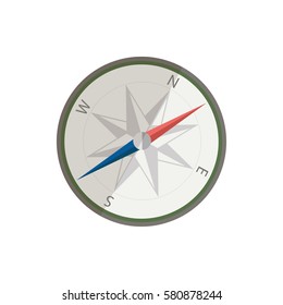 Flat silver compass for traveler. UI element for design app. Geography equipment to determine north. Vector illustration.