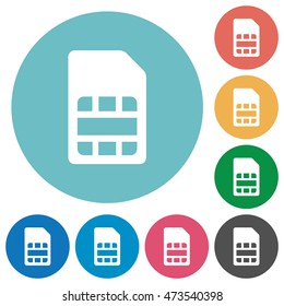 Flat SIM card icon set on round color background.