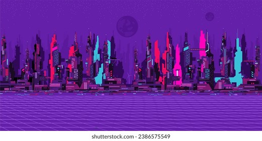 Flat Simple Abstract Futuristic Sci-fi Cyber Space City Landscape Vector Illustration Background Template Element