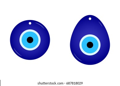 Flat simple amulet isolated on white background. Blue color icon of cute talismans in the cartoon style. Vector illustration. Image of Fatima's Eye. Amulet from evil eye. Nazar. Magic Item, Attribute.