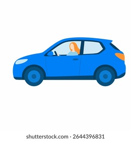 Flat Simple Blue Car with Driver Inside Vehicle Illustration