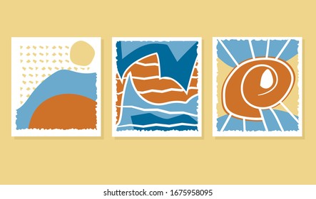 Tarjetas simples y planas, naturaleza abstracta, arena, sol, olas, verano. Conjunto de ilustraciones vectoriales.