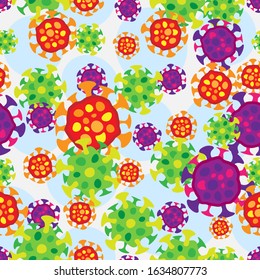 Flat simple cartoon bacterium with a nucleus. Seamless science pattern background. Cartooning kids science pattern with bacteriums in microscope