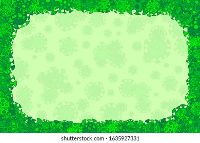 Flat simple cartoon bacterium with a nucleus. Frame of microorganisms microscopic viruses. Green colored. Cartooning kids science layout with bacteriums in microscope