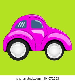 flat. simple cartoon pink car isolated on a green background