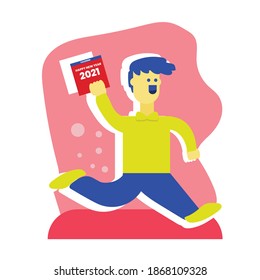 Carácter sencillo plano de una persona que sostiene un calendario de Año Nuevo 2021, ilustración art