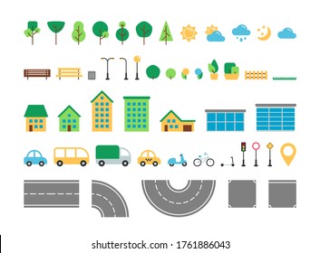 Conjunto de vectores de elementos urbanos sencillos y planos. Colección de constructores de decoración de parque y calle al aire libre. Árbol, tiempo, carretera, casa, transporte, letrero de calle aislado para iconos web, aplicación móvil, infografías.