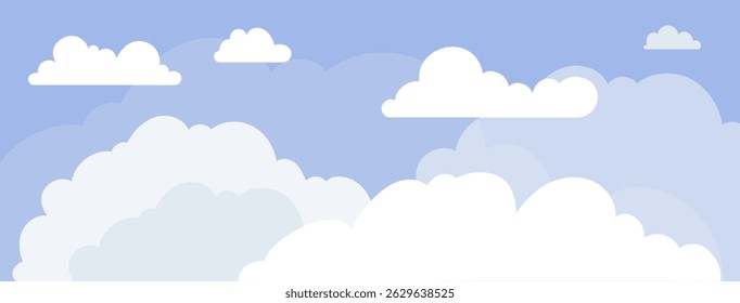 Flat simple cloud shape. Cartoon landscape with white puffy, fluffy and cumulus clouds in blue sky. Abstract comic cloudy weather scene or scenery. Objects cloudscape for game. Vector drawing.
