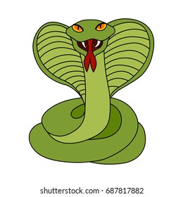 Flat simple cobra isolated on white background. Green color outline icon of aggressive animal in the cartoon style. Vector cobra illustration. Green snake image in a simple style.