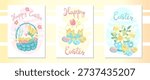Flat simple colorful easter card collection with lettering Happy Easter, with easter cake and eggs. Hand drawn vector illustration. For greeting cards, stickers, social media, banners.