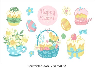 Flat simple colorful easter collection with cup full of daffodils, basket, easter cake and eggs. Hand drawn vector illustration. For greeting cards, stickers, social media, banners.