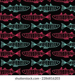 Flaches, einfaches, lustiges, süßes, nahtloses Muster mit einem Fisch. Für den Druck von Babytextilien, Textilien, Design, Dekoration, Geschenkverpackung, Papier, Babydusche, Grußkarte, Notizblock, Scrapbooking.