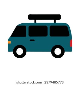 Flat simple dark turquoise minivan cartoon, side view, element vector isolated on white background 