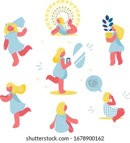 A Flat simple girl does various things: does yoga, moves, is a bride, looks in the mirror, is depressed, sits back, walks.taking selfies.A typical day for a character's girlfriend. Vector stock