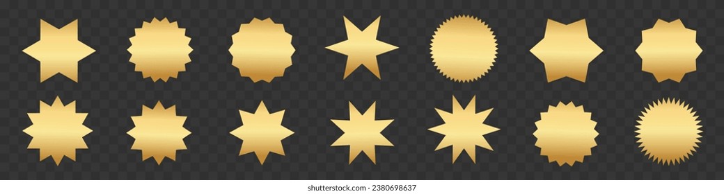 Flat simple golden starburst shapes. Sticker, label, promotional badge on transparent background