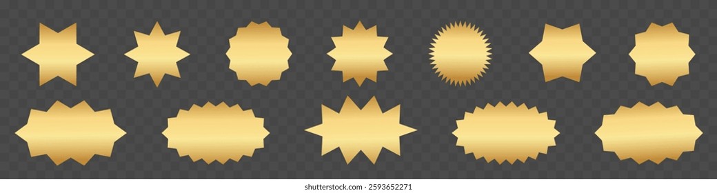 Flat simple golden starburst shapes. Sticker, label, promotional badge on transparent background