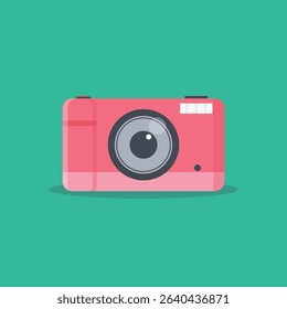 Flat, simple graphic illustration of a pink digital camera, suitable for use as a design element or icon. The camera is presented on a solid, mint green background.