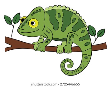 Camaleão verde simples plano em uma ramificação