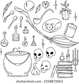 Flat simple hand drawn icons. Witchcraft items and wizardy graphic