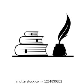 Flat simple icon of stack of books and inkwell