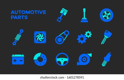 Flat and simple icons of automotive components. Line icons from automotive parts in two different colors. Automotive graphic resources element.