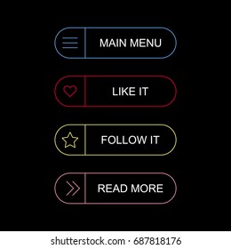 Flat simple illustration of buttons isolated on black background. Color icons main menu buttons set in the cartoon style. Colorful toggle switch. Vector image. Main menu items.