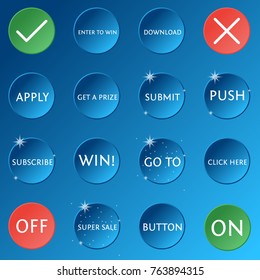 Flat simple illustration of buttons isolated on blue background. Color icons buttons set with text in the cartoon style. Colorful toggle switch. Vector image.
